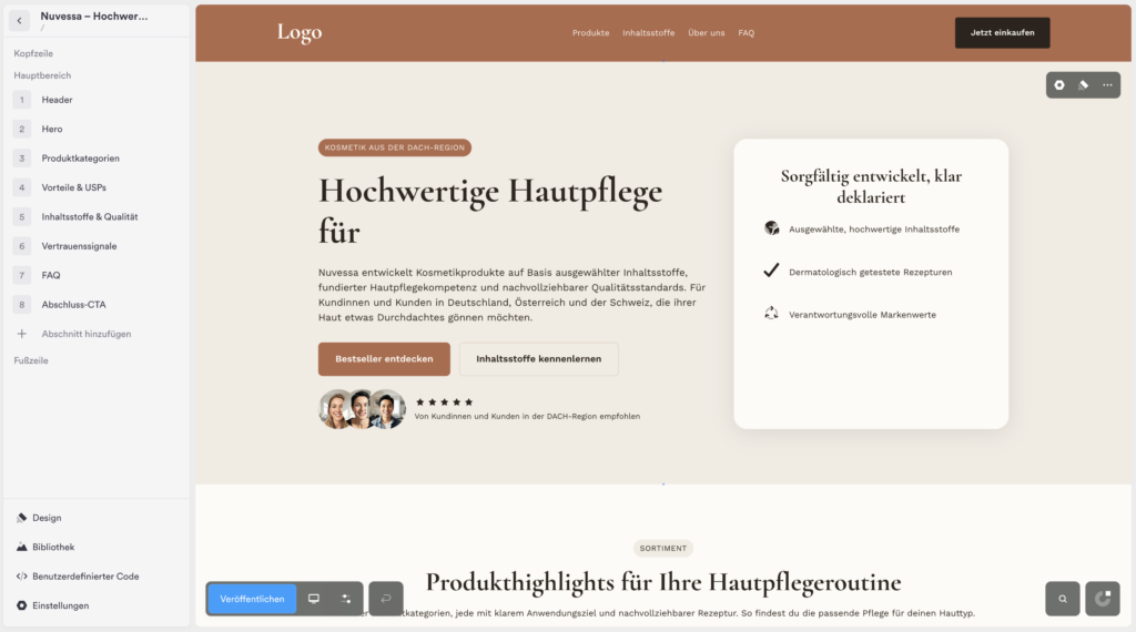 Seite in Onepage prüfen und veröffentlichen