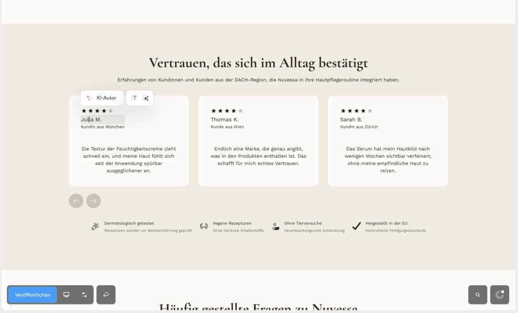 Nachbearbeitung der von Claude erstellen Seite in Onepage